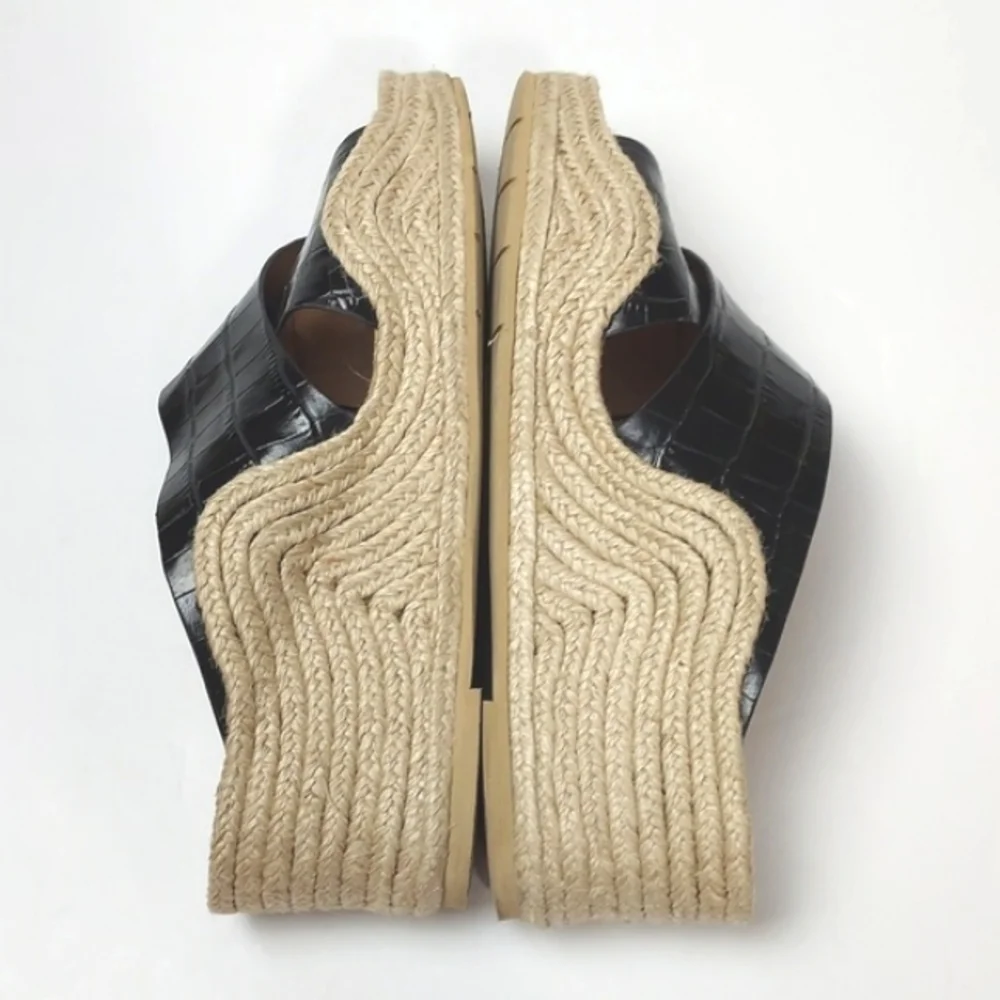 Aquatalia Marina Leather Croc Embossed Crisscross Espadrille Wedges Black Size 7